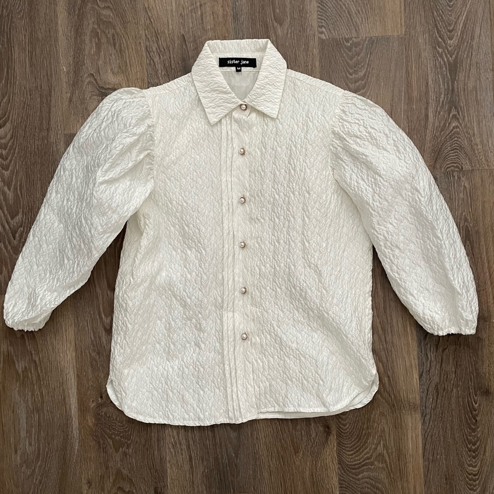 Sister Jane Ivory Textured Puff Sleeve Pearl Button Blouse Cottagecore M
